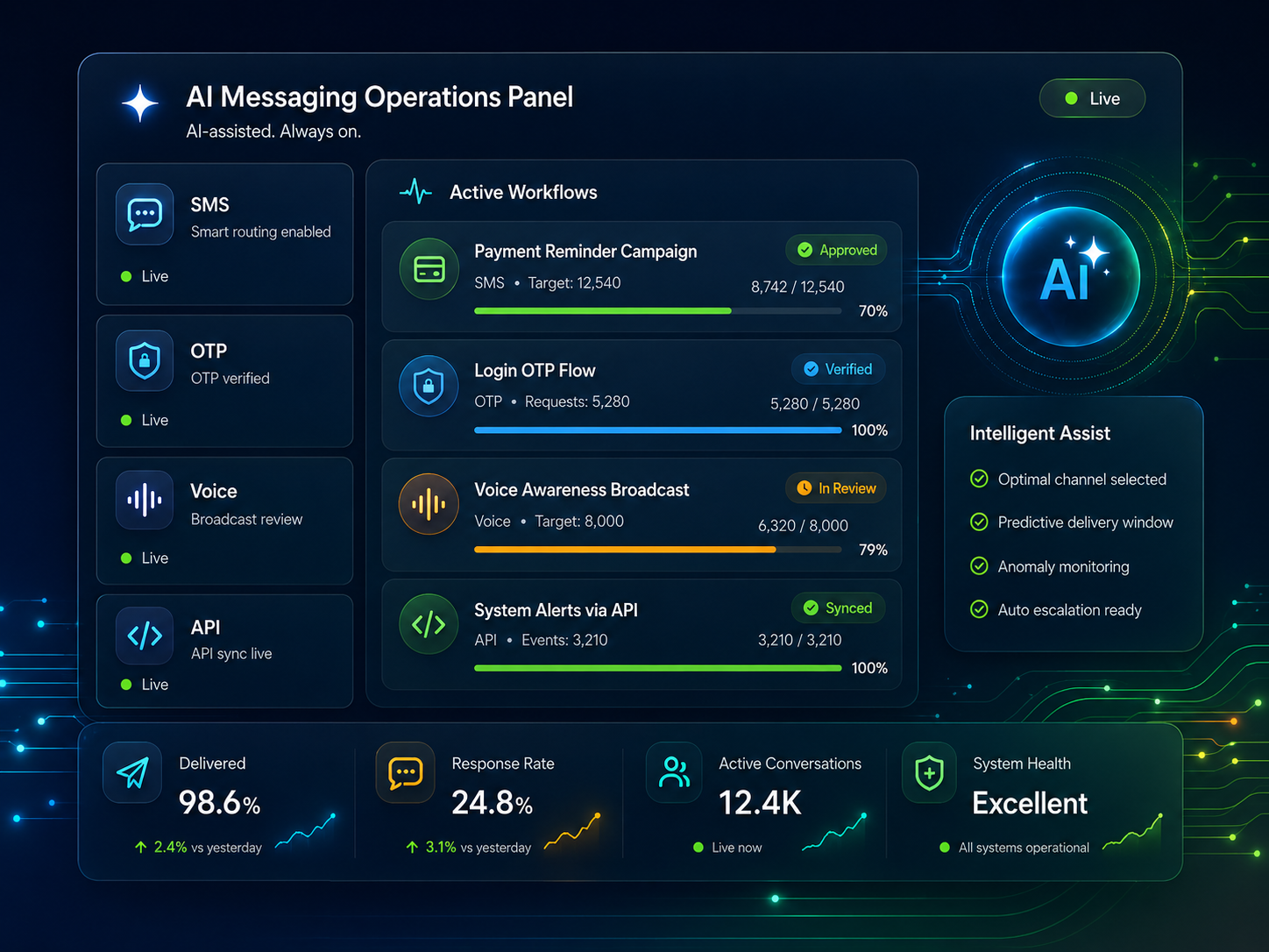 SMS and VAS operations dashboard for SMS, OTP, two-way messaging, voice broadcast and API messaging